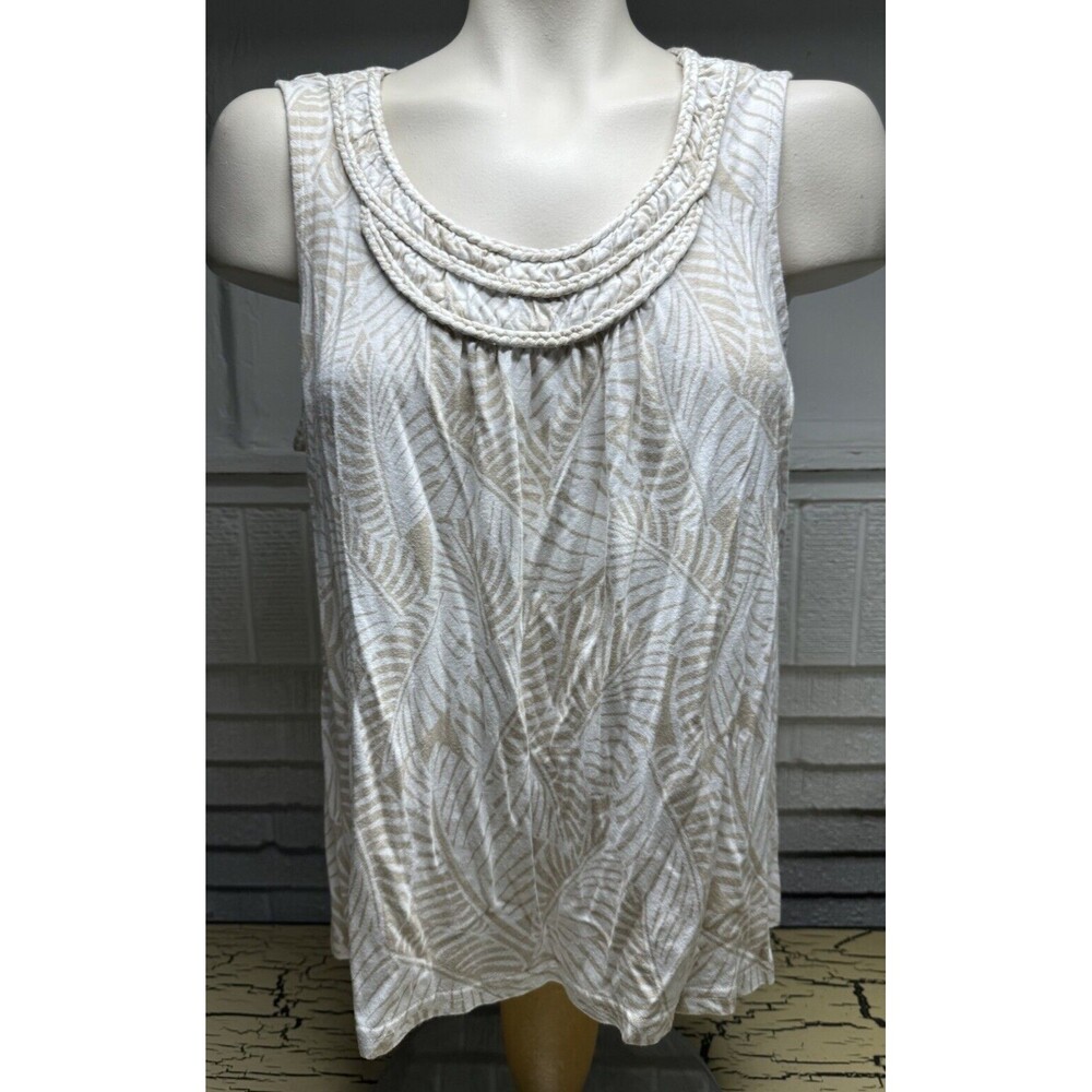 Croft & Barrow Womens Shirt Tank Top White & Tan Summer Leaf Size XL Rayon
